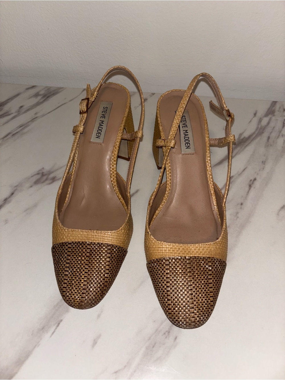 Steve Madden Two-Tone Tan & Brown Woven Slingback Heels 9
